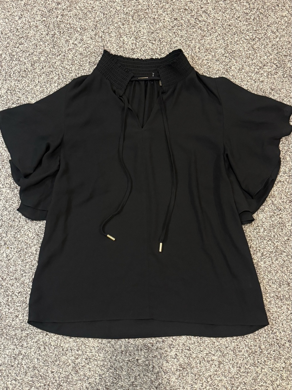 T Tahari Black Ruffled Short Sleeve Blouse with Tie Neck - Picture 2 of 7